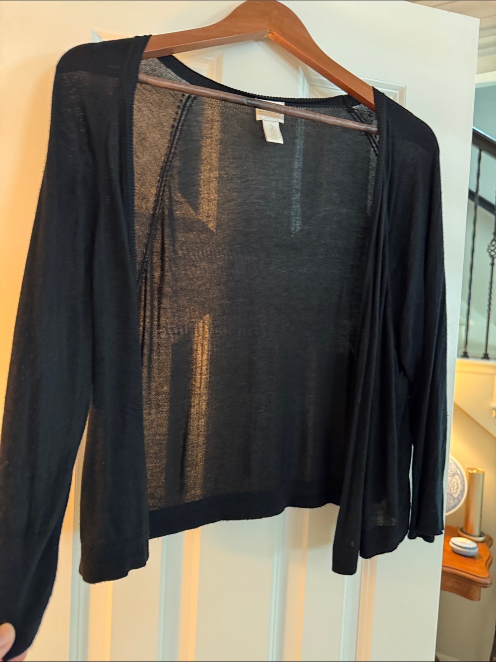 Chicos Open Front Light Weight Black Cropped Cardigan with 3/4 Sleeves